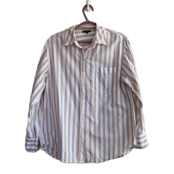 Tan/White Striped Button Up Shirt - Size S - Ladies Relaxed Fit Blouse - Picture 1 of 11